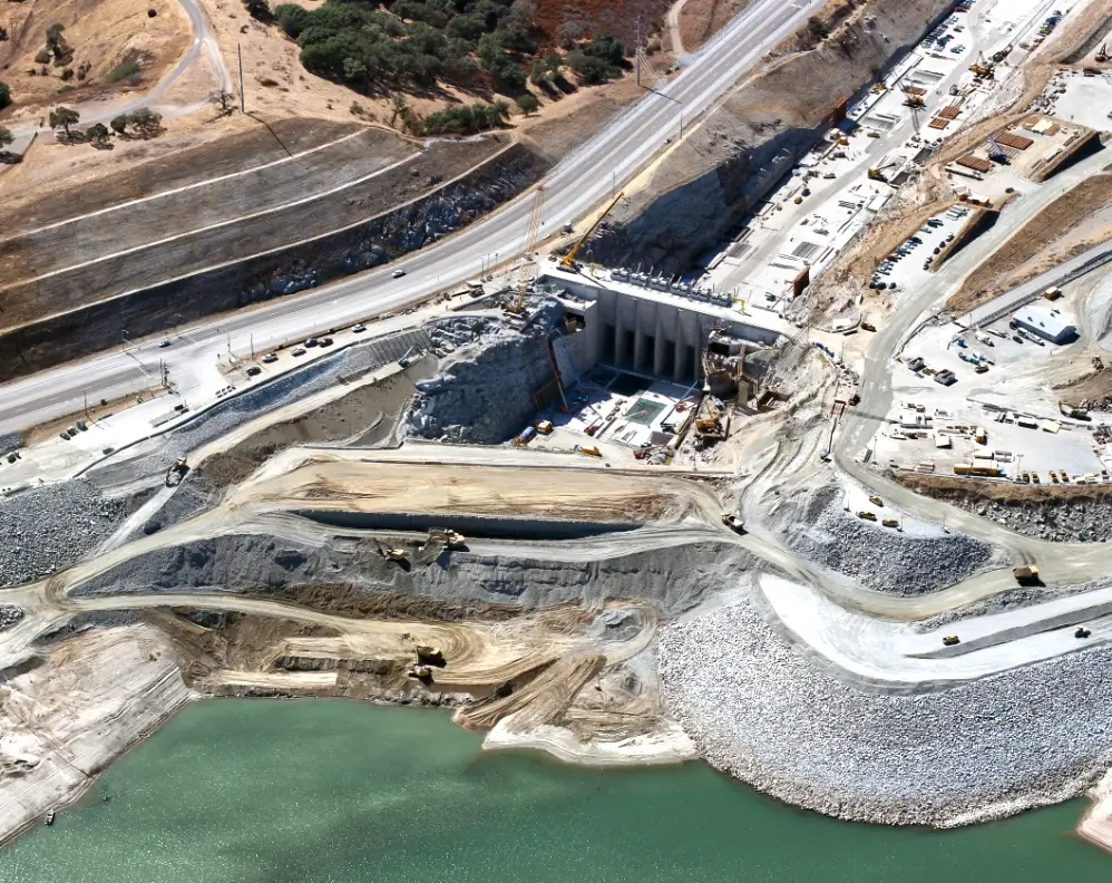 Folsom Dam auxiliary spillway cofferdam project showing large-scale water infrastructure monitoring